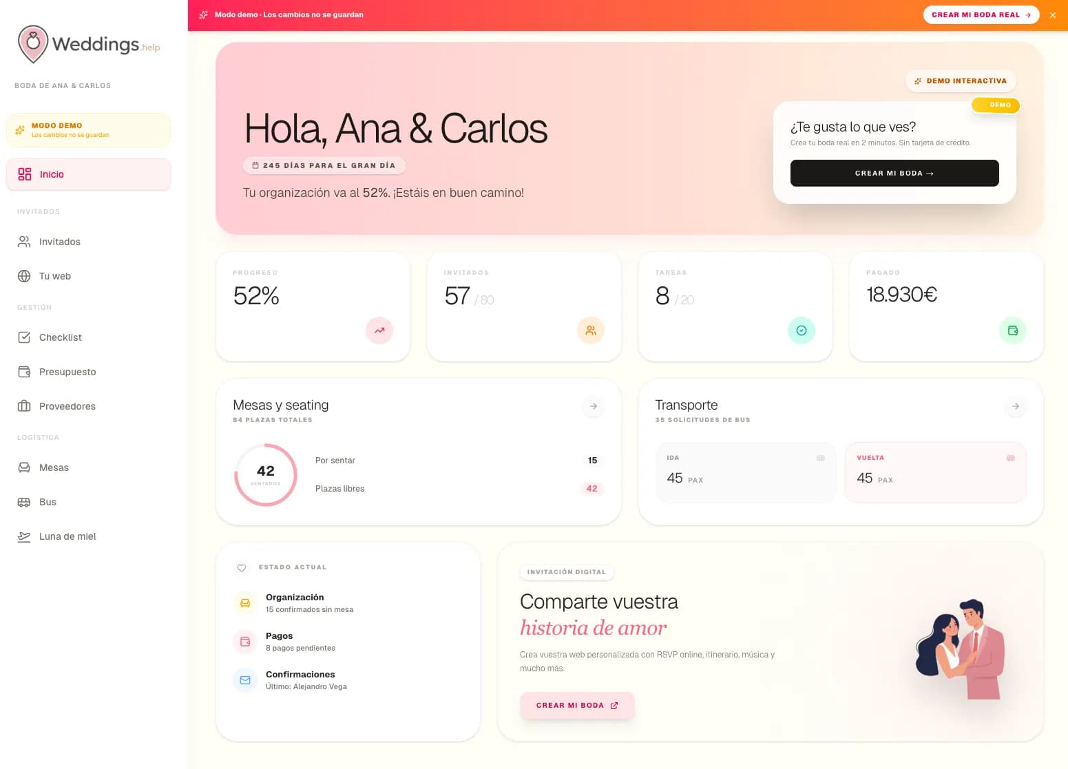 Dashboard de weddings.help — organiza tu boda desde un solo sitio